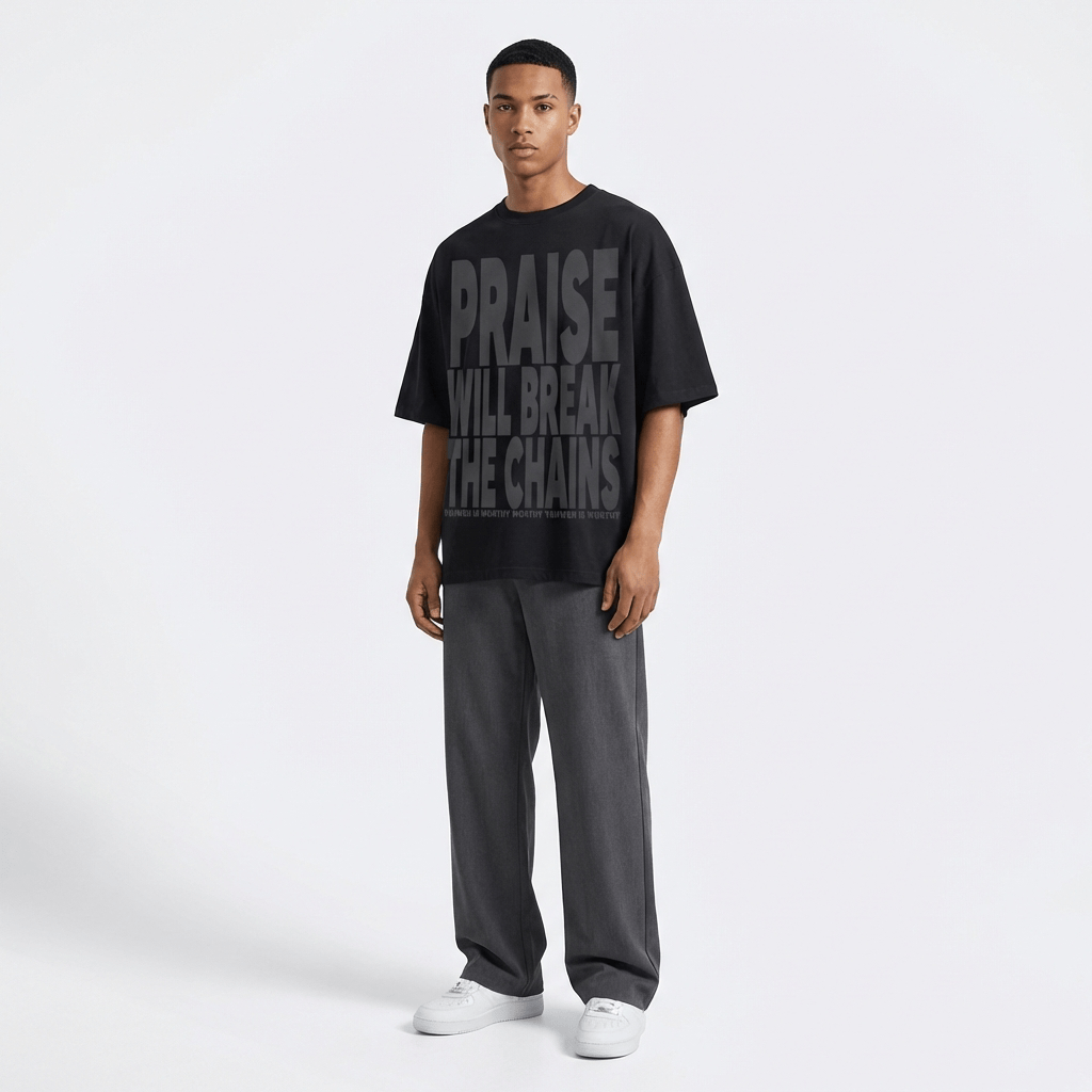 Praise Will Break the Chains Black Loose Drop Shoulder Tee